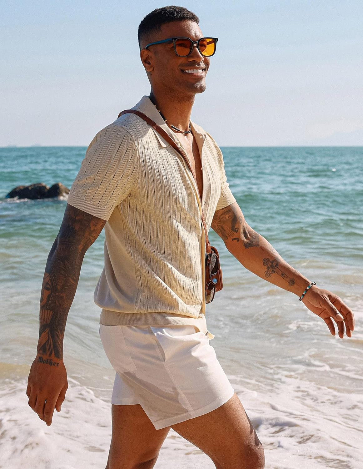 Men's Knit Shirt Short Sleeve Hollow Out Button Down Shirt