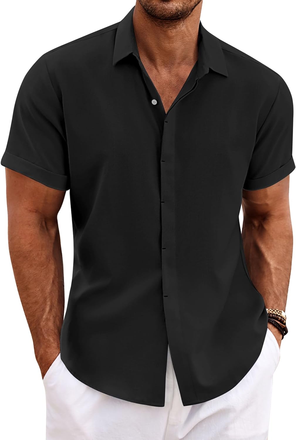 Men's Linen Short Sleeve Casual Button Down Shirt