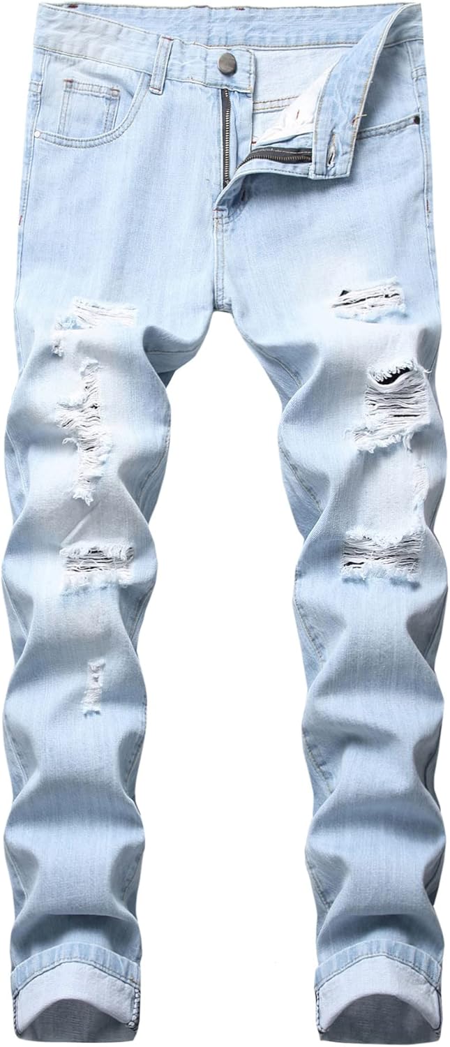 Men's Ripped Distressed Destroyed Straight Slim Fit Jeans