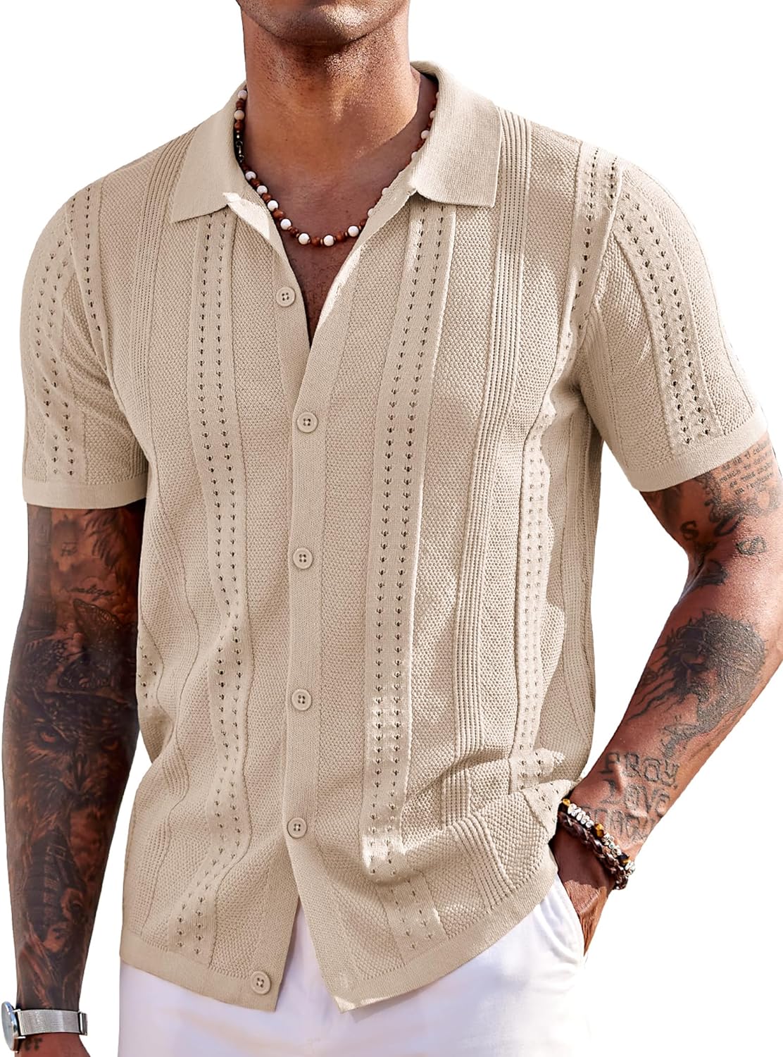 Men's Knit Shirt Short Sleeve Button down Polo Shirt