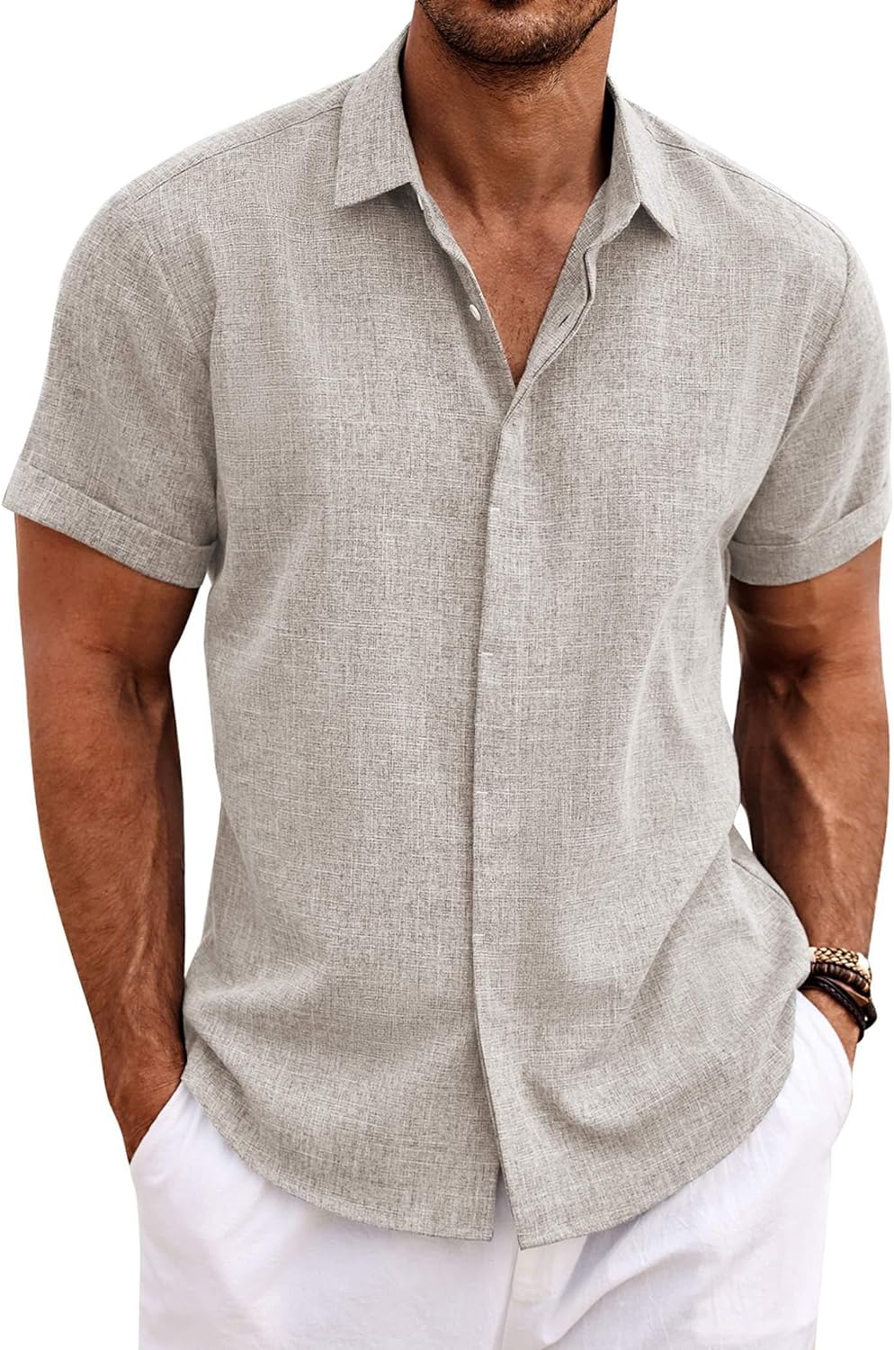 Men's Linen Short Sleeve Casual Button Down Shirt