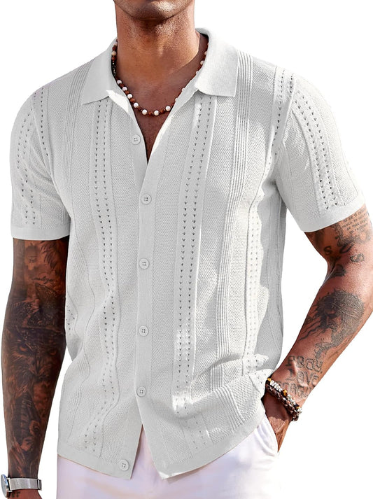 Men's Knit Shirt Short Sleeve Button down Polo Shirt