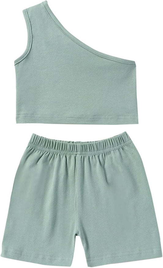 Baby Girls Summer Clothes Cotton One Shoulder Solid Color Tank Tops Shorts Set 2Pcs