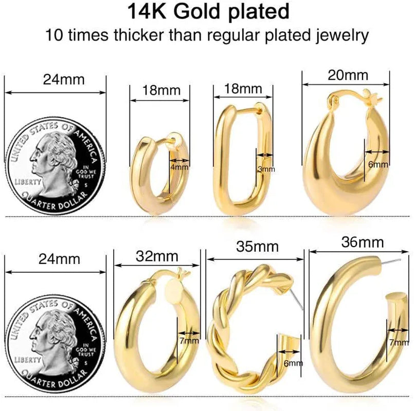 6 Pairs Gold/Silver Chunky Hoop Earrings Set for Women