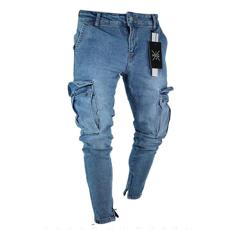 Jeans Men Pants Wash Solid Color Denim Mid Waist Cargo Jeans
