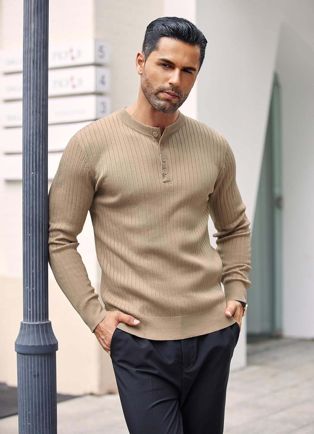 Mens Knitted Henley Shirts Casual Long Sleeve Slim Fit Lightweight Ribbed Pullover Sweater
