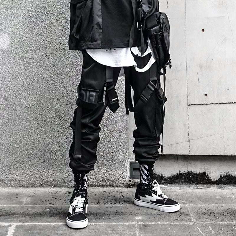 Men Black Cargo Pants Joggers Sweatpants Ribbons Harem Pants