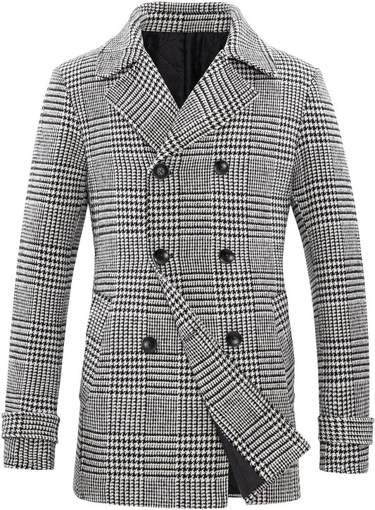 Black- White Men's Wool Blend Double Breasted Pea Coat