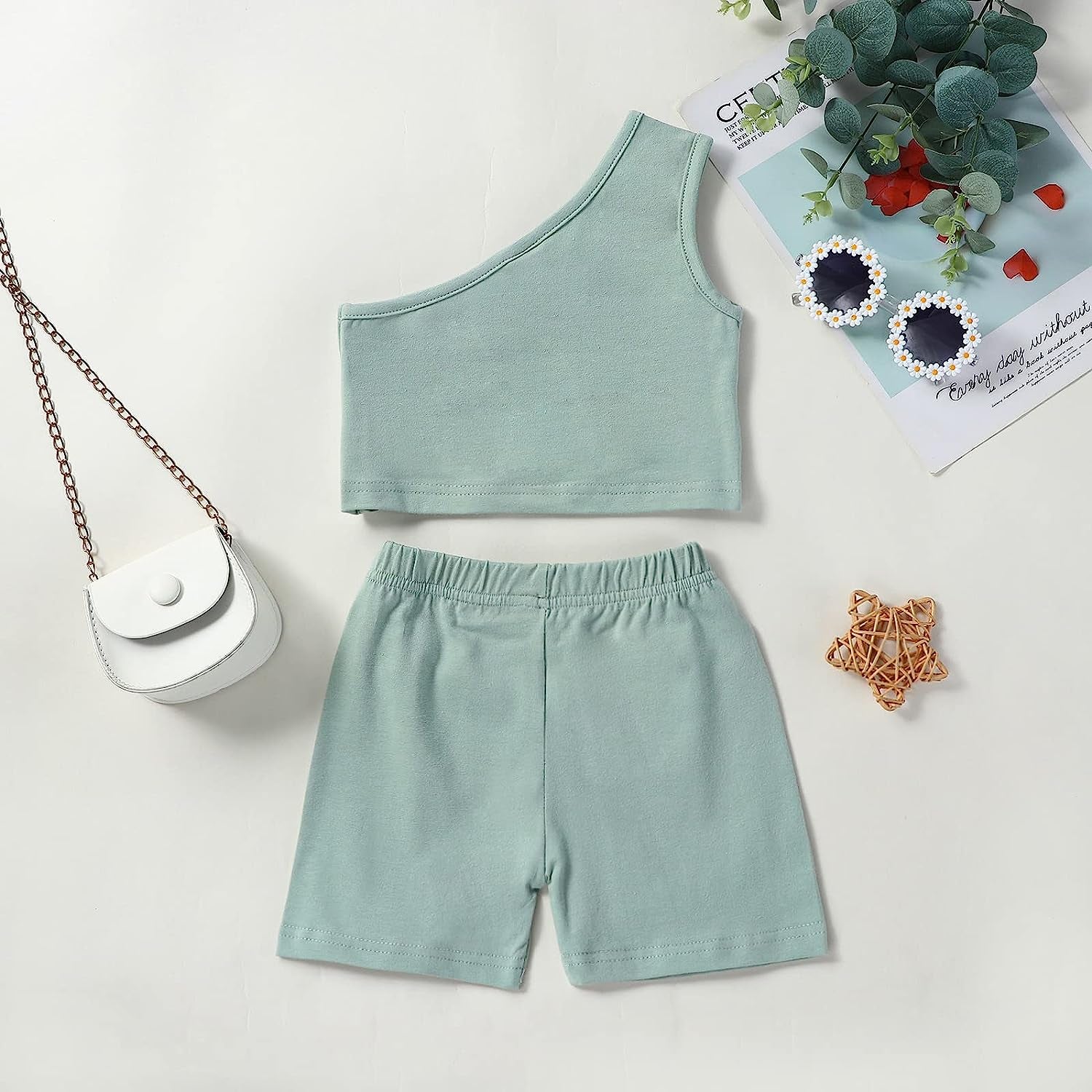 Baby Girls Summer Clothes Cotton One Shoulder Solid Color Tank Tops Shorts Set 2Pcs