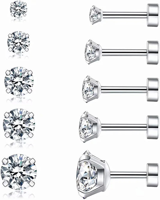 5 Pairs Cubic Zirconia Hypoallergenic Stud Earrings for Women