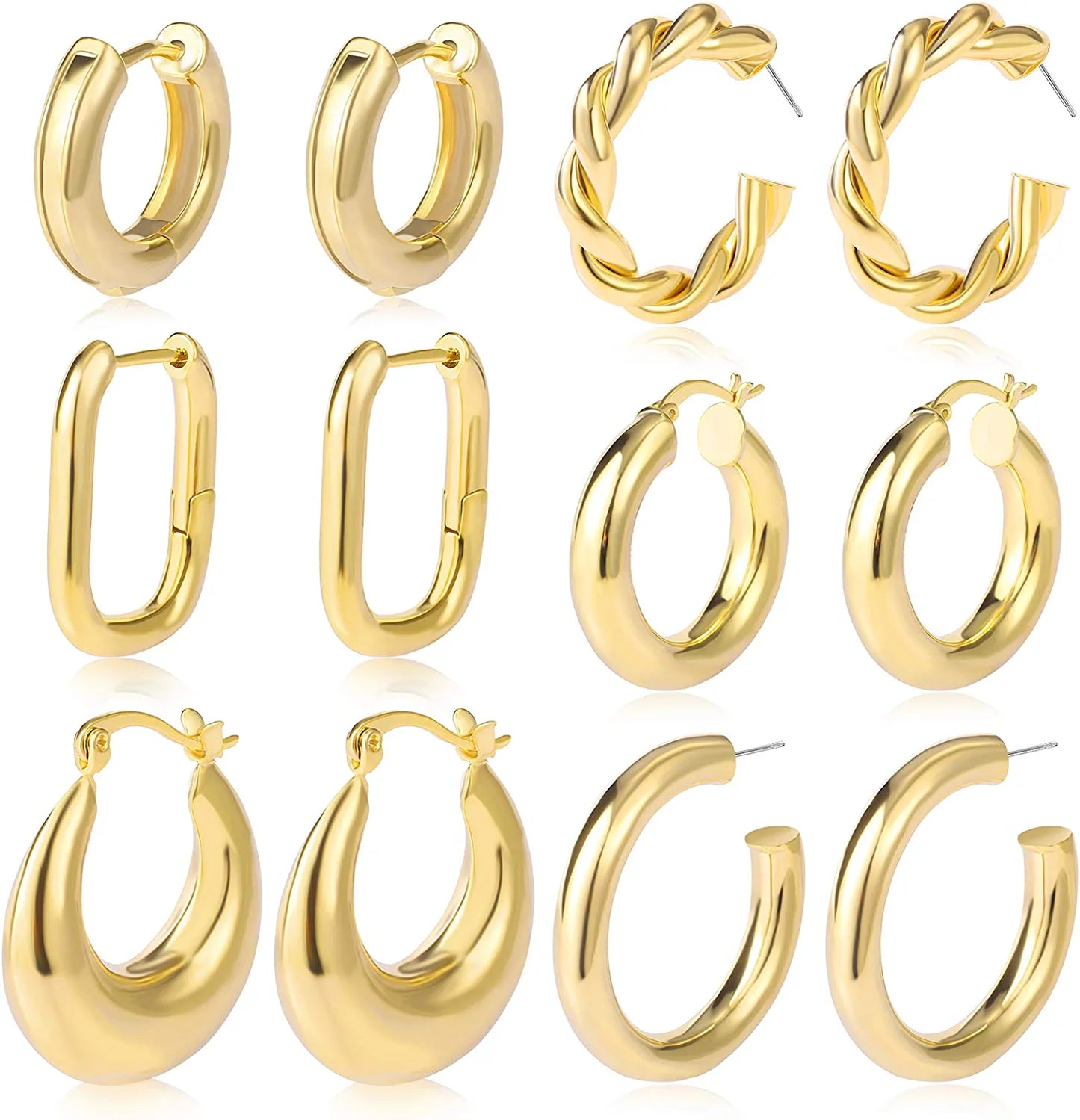 6 Pairs Gold/Silver Chunky Hoop Earrings Set for Women