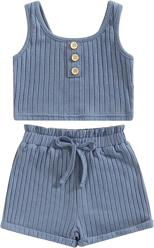 Toddler Girls Summer Clothes Solid Color Button Ribbed Vest Crop Tops Drawstring Shorts