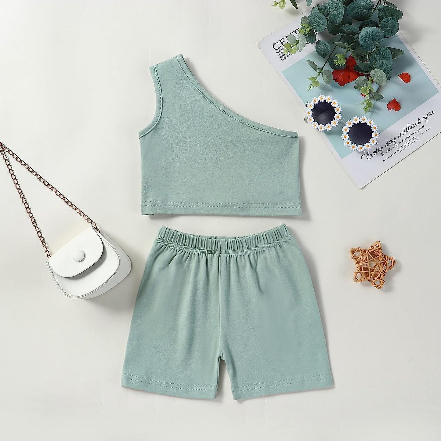 Baby Girls Summer Clothes Cotton One Shoulder Solid Color Tank Tops Shorts Set 2Pcs