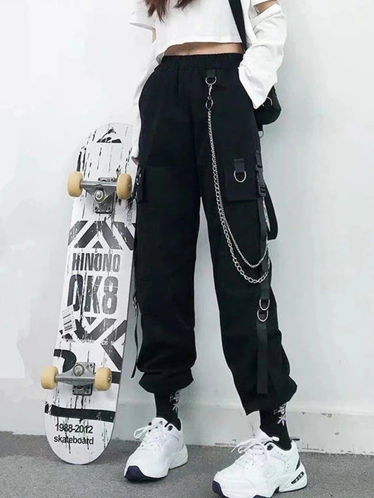 Women Cargo Pants Pockets Jogger Trousers with Chain