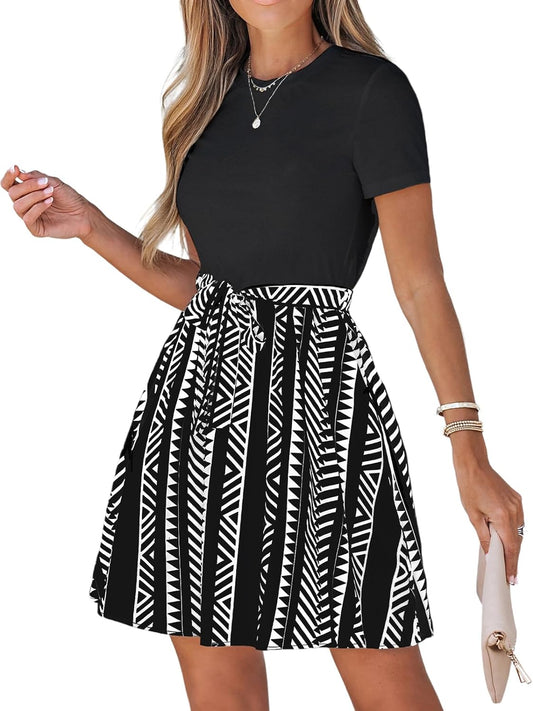 Paisley Print Belted Dress Short Sleeves Crew Neck