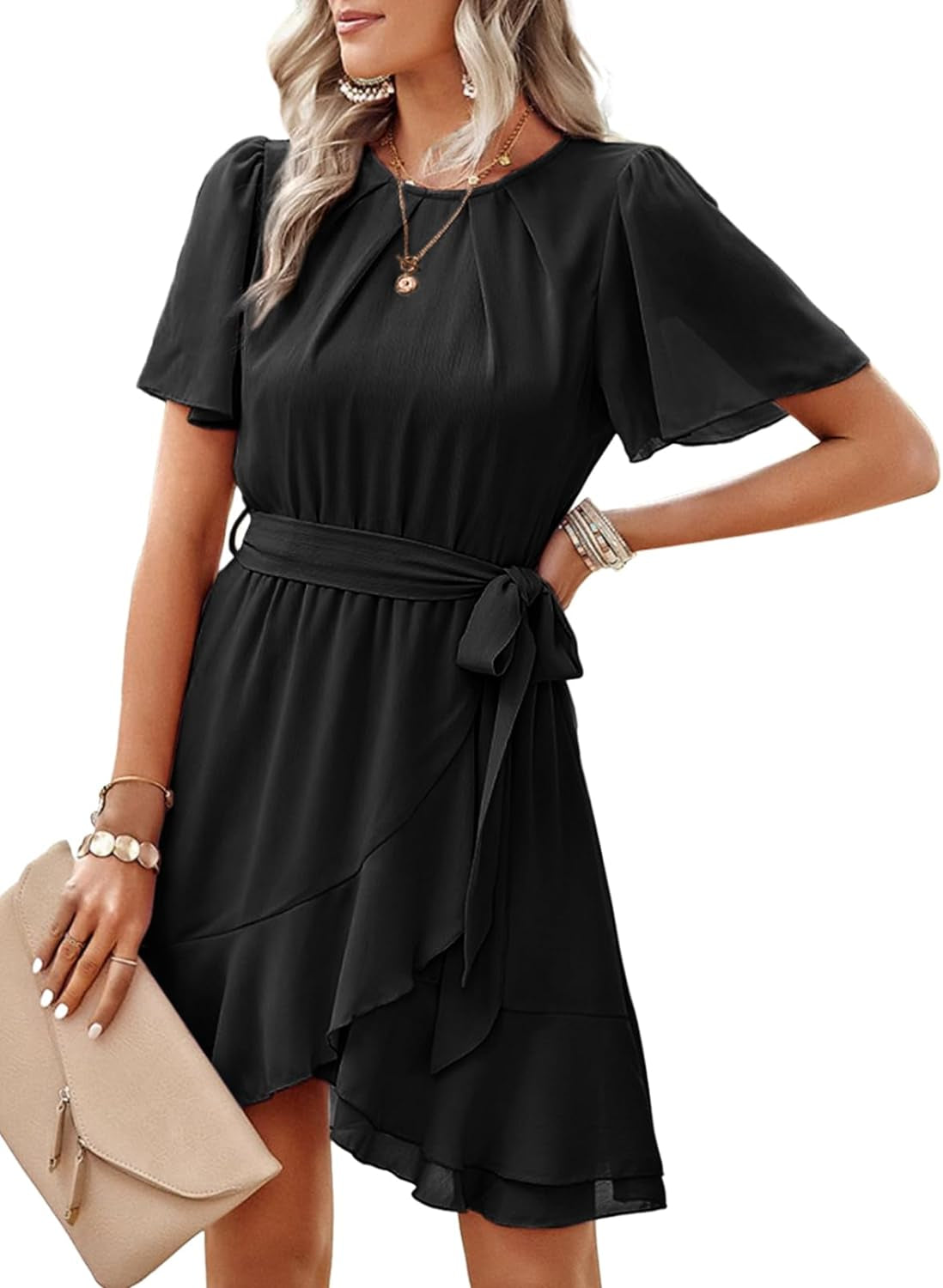 Womens Summer Dresses Crewneck Short Sleeve Waist Tie Ruffle Casual Chiffon A-Line Swing Mini Dress