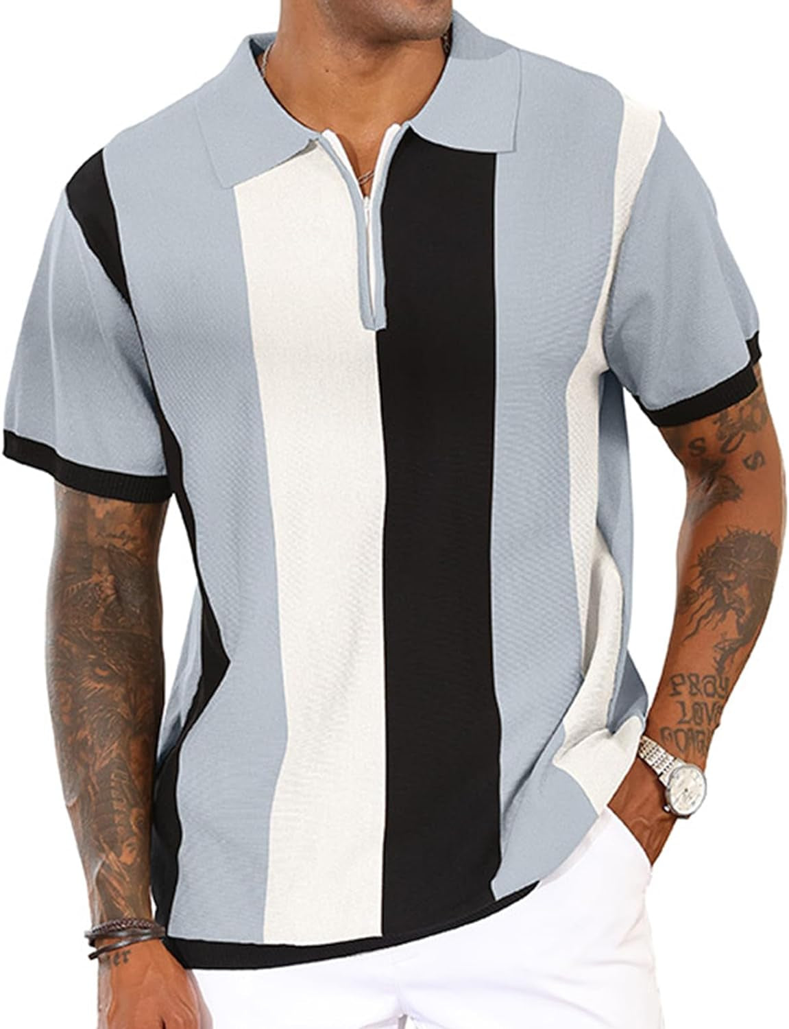 Men's Polo Shirt Vintage Striped Knitting Shirts 