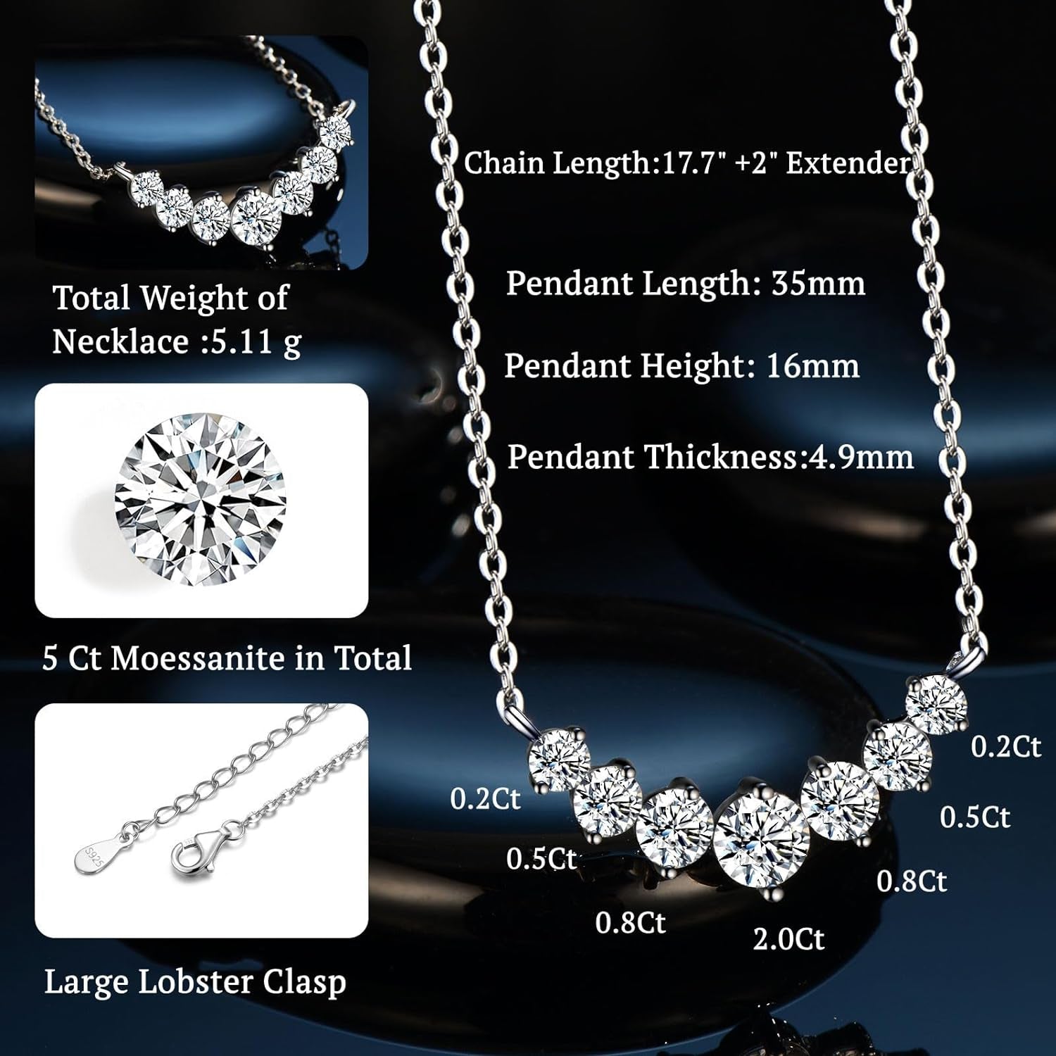 FInest Diamond Pendant Necklaces for Women, Moissanite Necklace 1.7-7.6 Ct