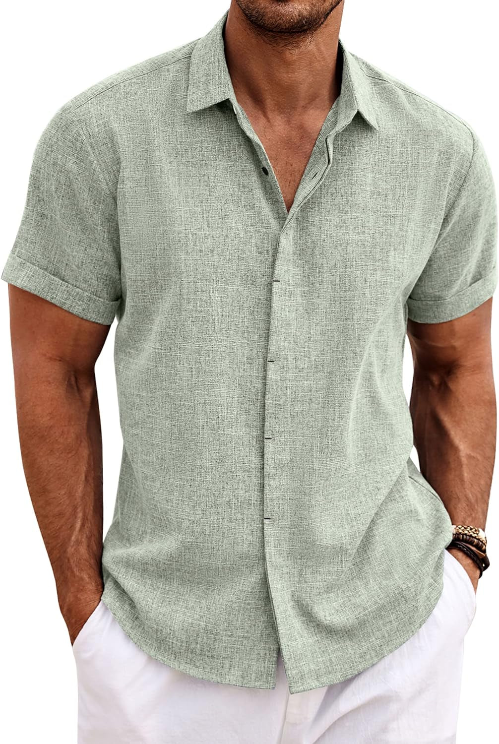 Men's Linen Short Sleeve Casual Button Down Shirt 