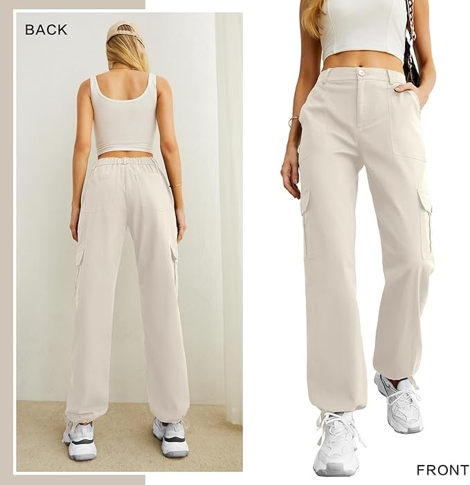 Women's High Waisted Cargo Pants with Drawstring Ankle Cuffs