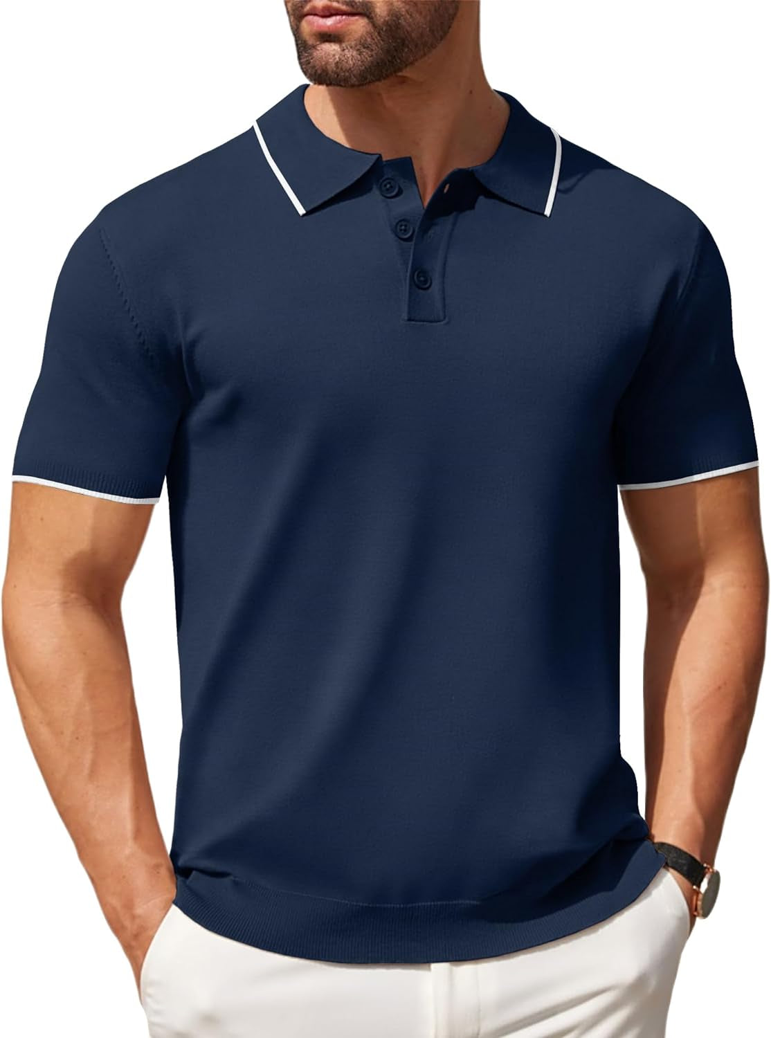 Men's Knit Casual Short Sleeve Button down Polo Shirt 