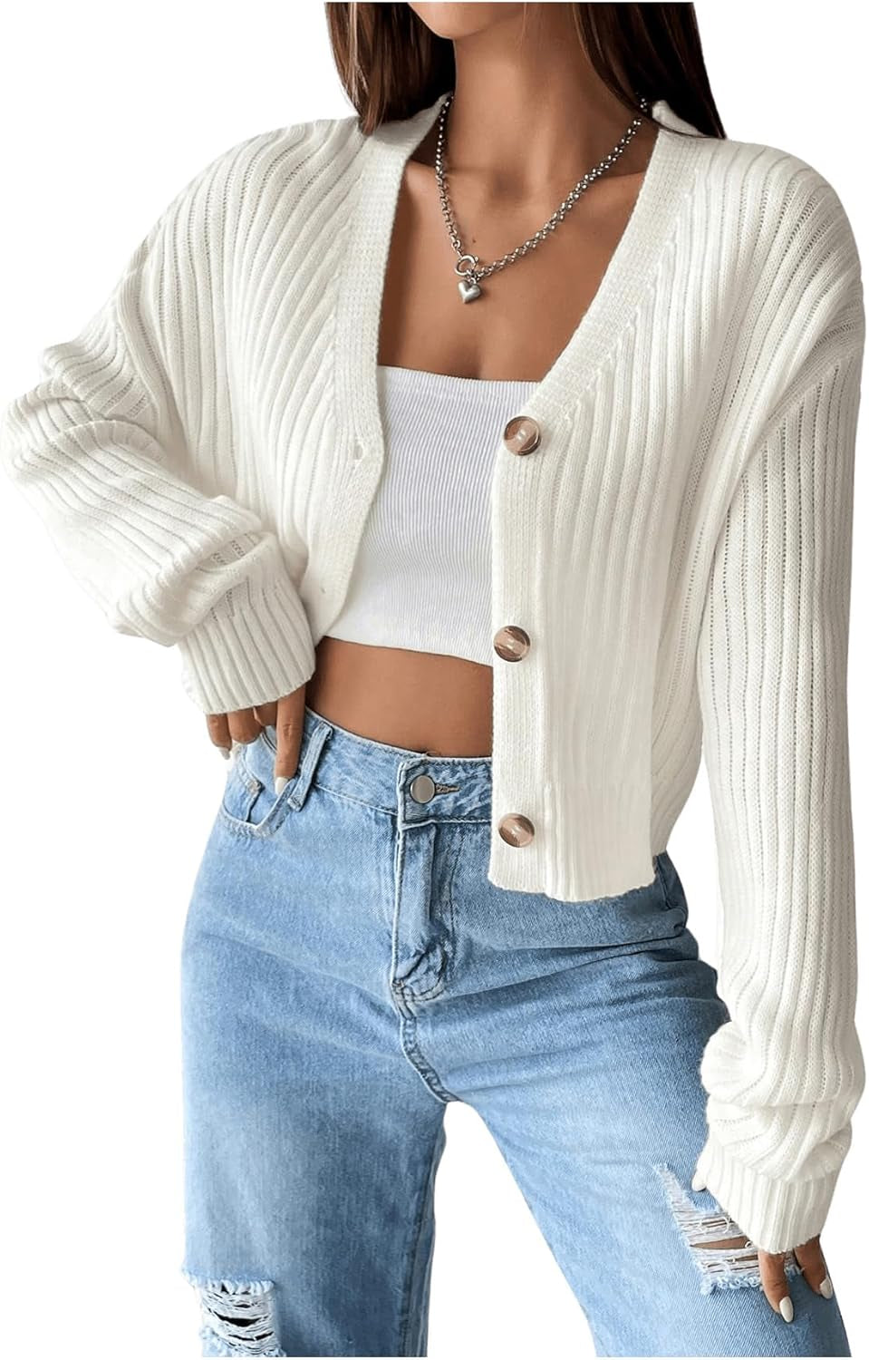 Women's Ribbed Knit V Neck Button Down Sweater