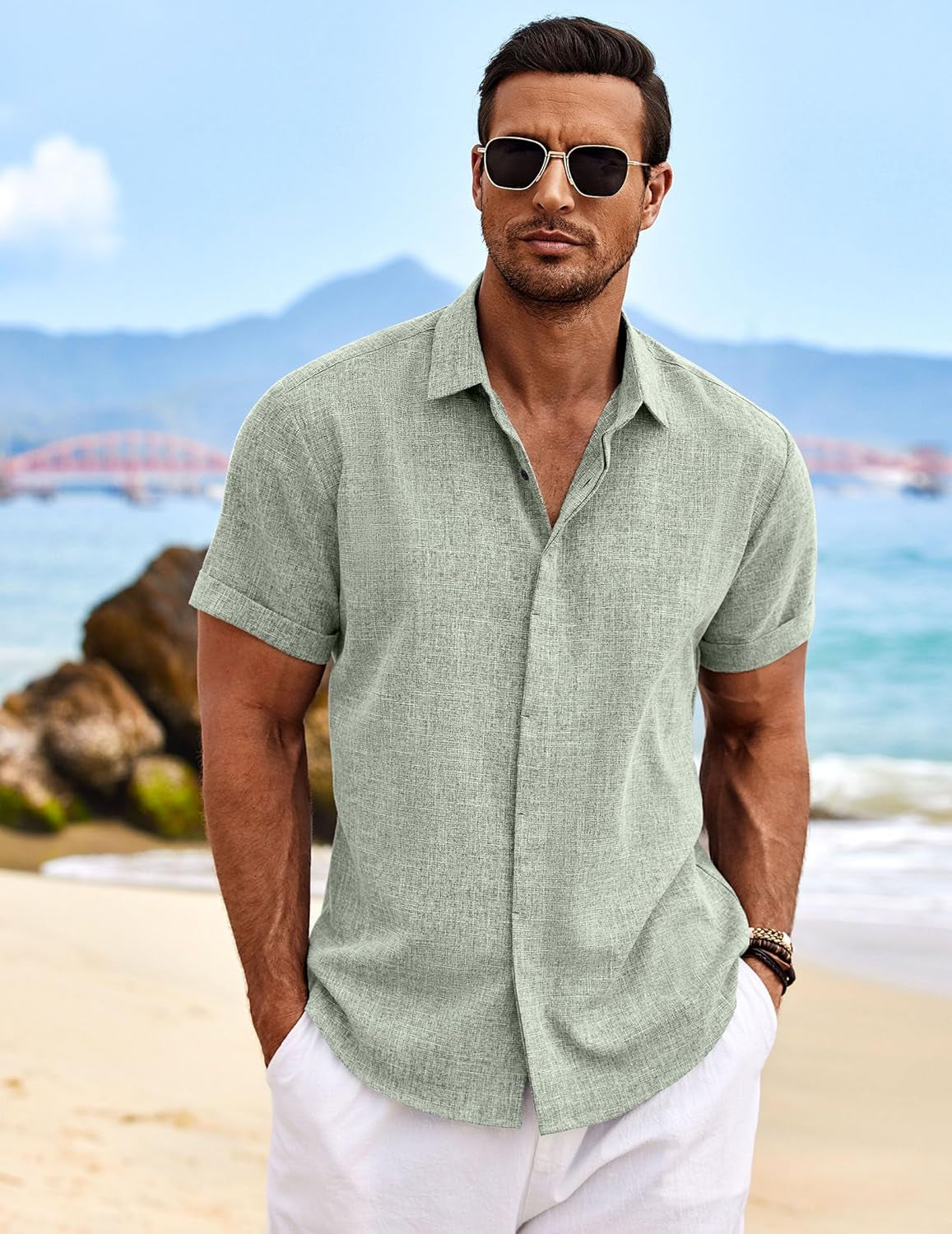 Men's Linen Short Sleeve Casual Button Down Shirt 