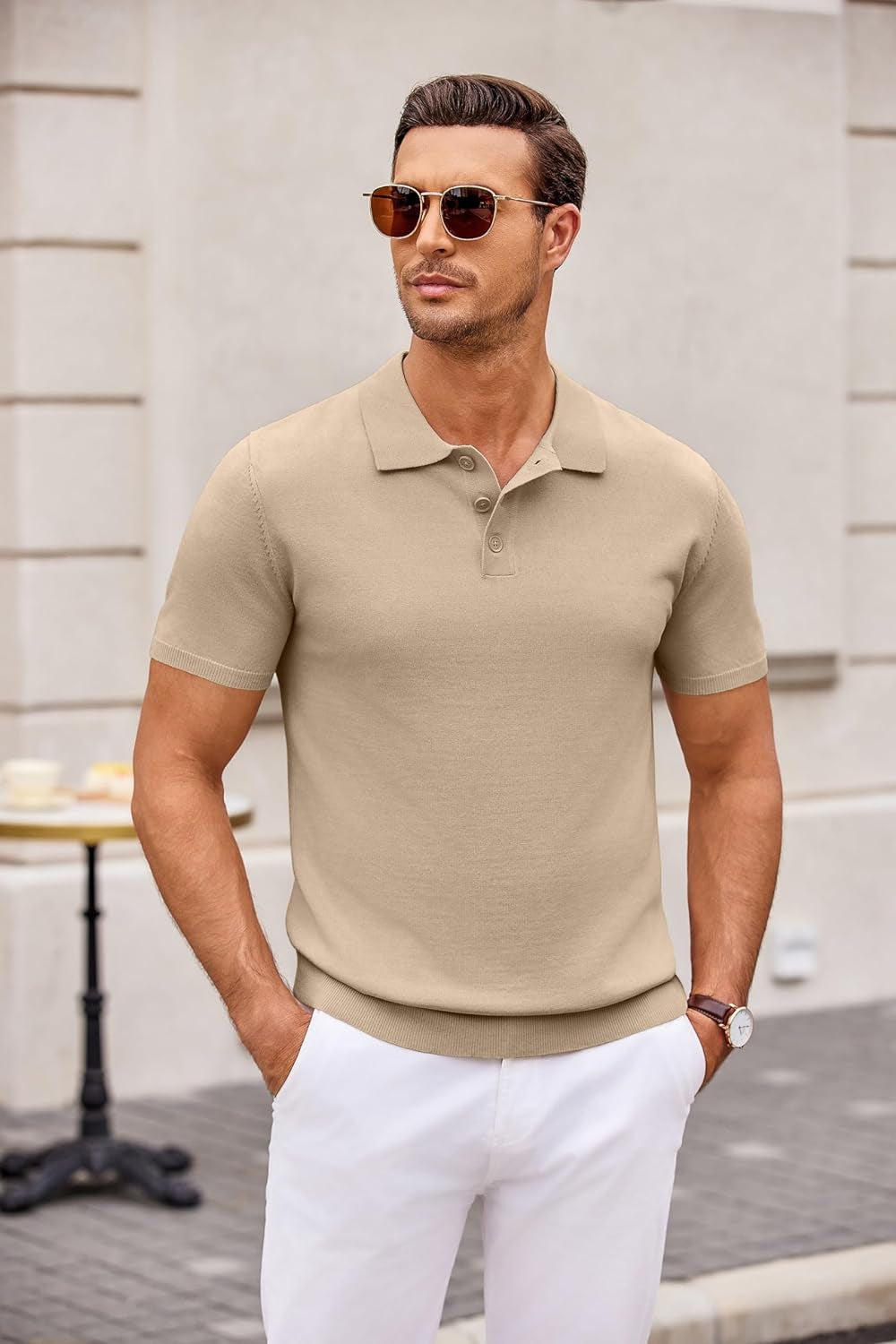 Men's Knit Casual Short Sleeve Button down Polo Shirt 