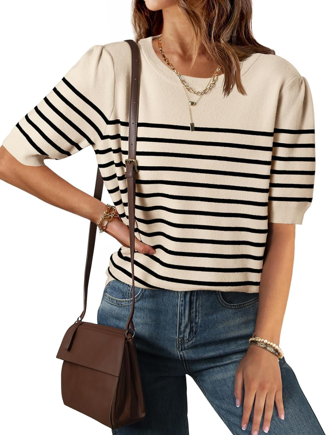 Women's Casual Striped Tops Short Sleeve Crew Neck shirts