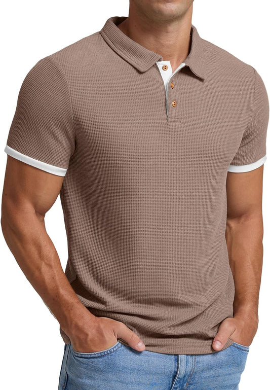 Men'S Waffle Knit Short Sleeve Casual Polo Shirts