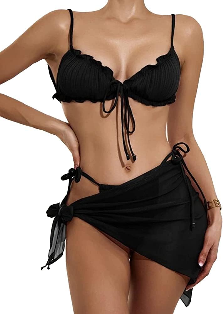  Women Swimsuit 3 Piece Skirt Cover Ups Bikini Set 