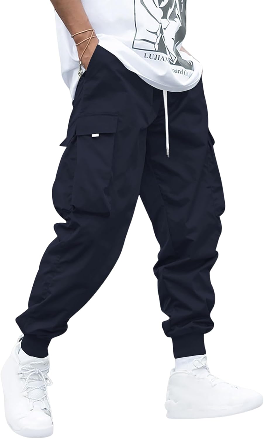 Men's Drawstring Tech wear Cargo Pants with Flap Pockets 