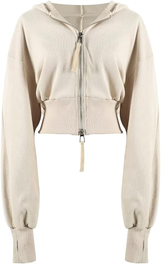 Women Cropped Hoodie Zip Up Long Sleeve