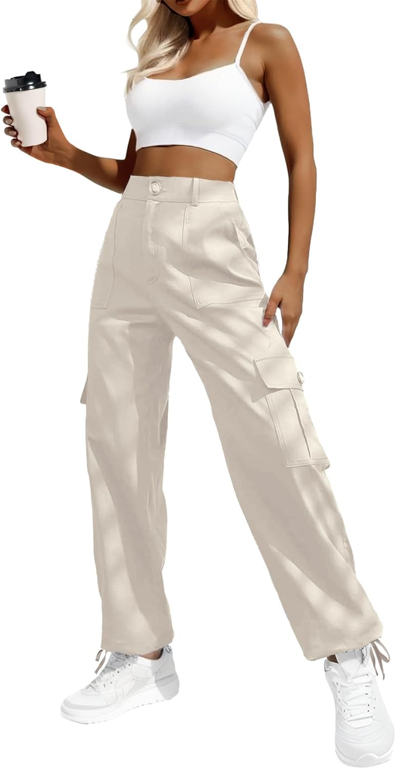 Women's High Waisted Cargo Pants with Drawstring Ankle Cuffs