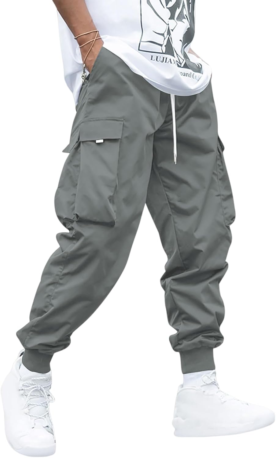 Men's Drawstring Tech wear Cargo Pants with Flap Pockets 