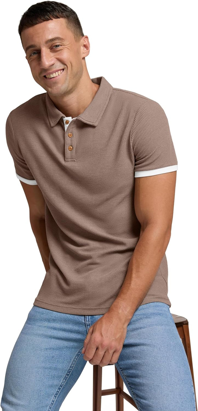 Men'S Waffle Knit Short Sleeve Casual Polo Shirts