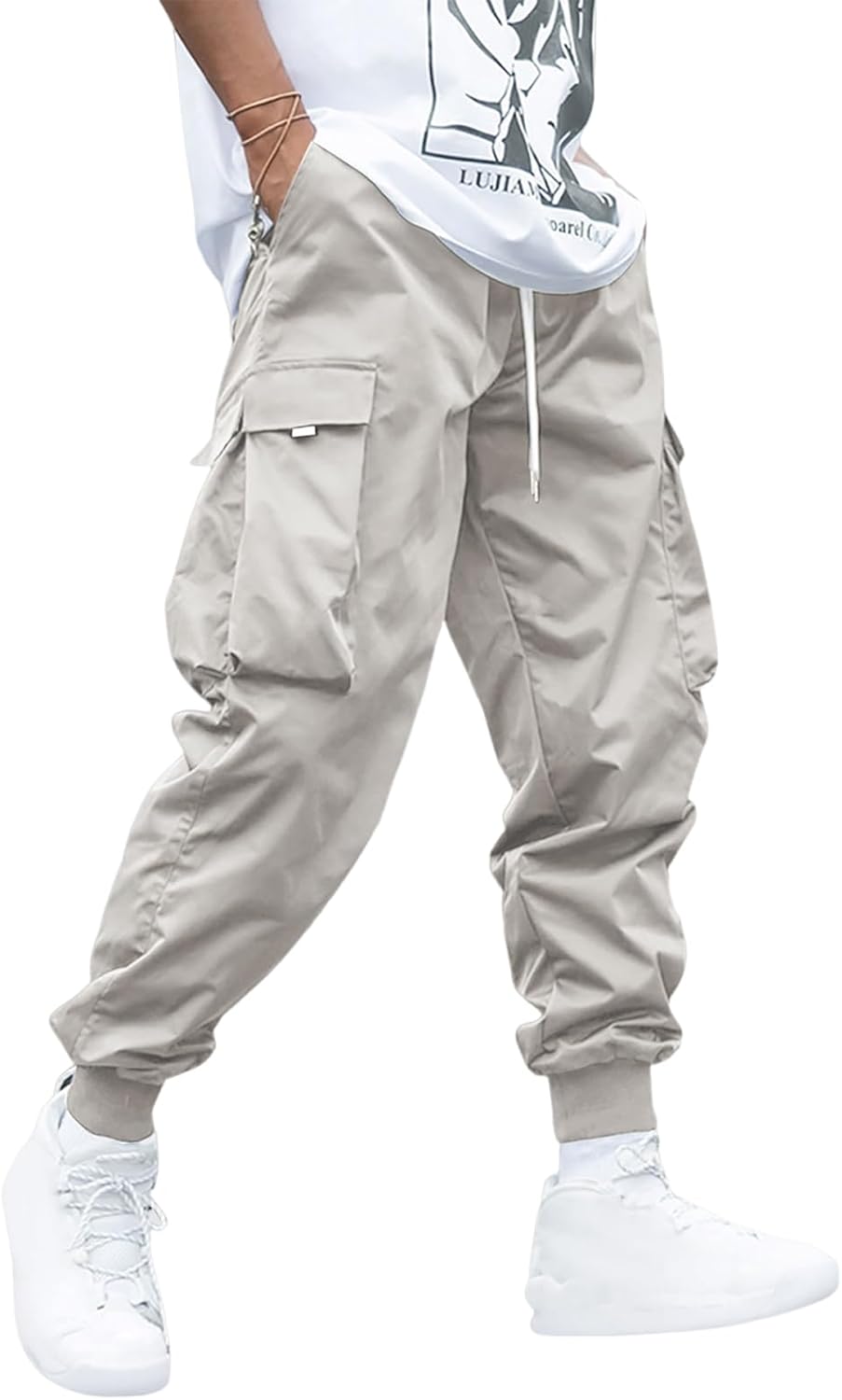 Men's Drawstring Tech wear Cargo Pants with Flap Pockets 