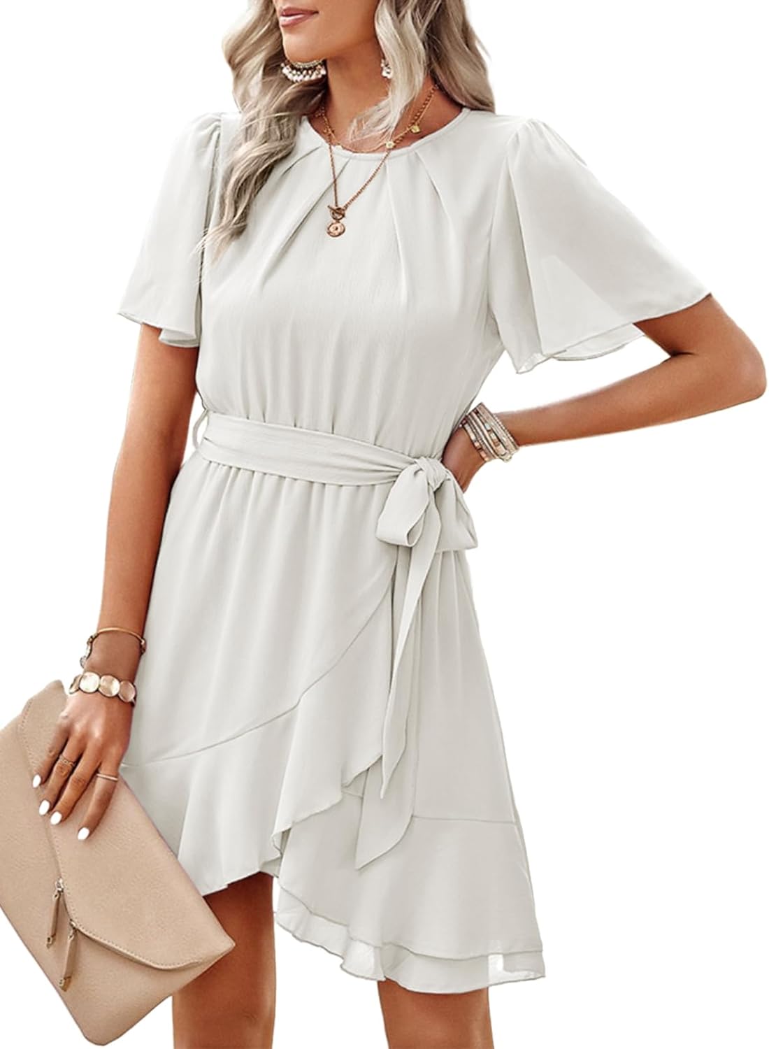 Womens Summer Dresses Crewneck Short Sleeve Waist Tie Ruffle Casual Chiffon A-Line Swing Mini Dress