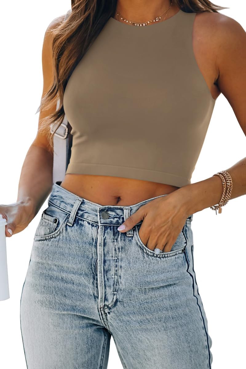 Womens Sleeveless High Neck Crop Tops 