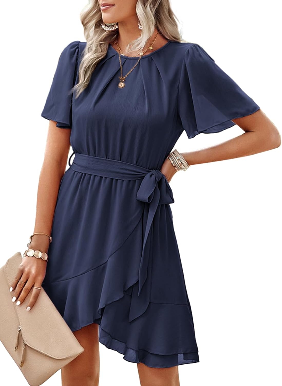 Womens Summer Dresses Crewneck Short Sleeve Waist Tie Ruffle Casual Chiffon A-Line Swing Mini Dress