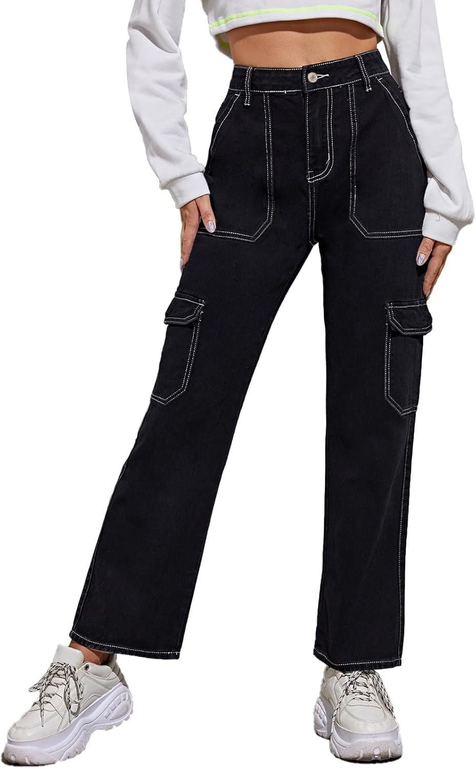 Women's High Waisted Cargo Jeans Stretch Wide Leg Denim Pants Trendy