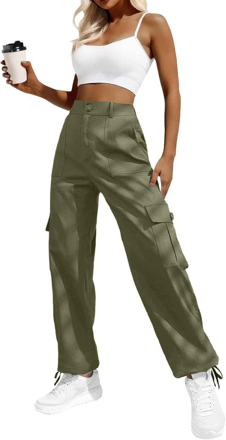 Women's High Waisted Cargo Pants with Drawstring Ankle Cuffs