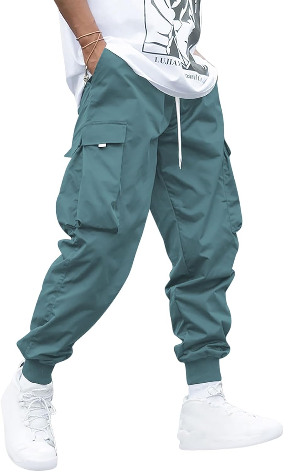 Men's Drawstring Tech wear Cargo Pants with Flap Pockets 