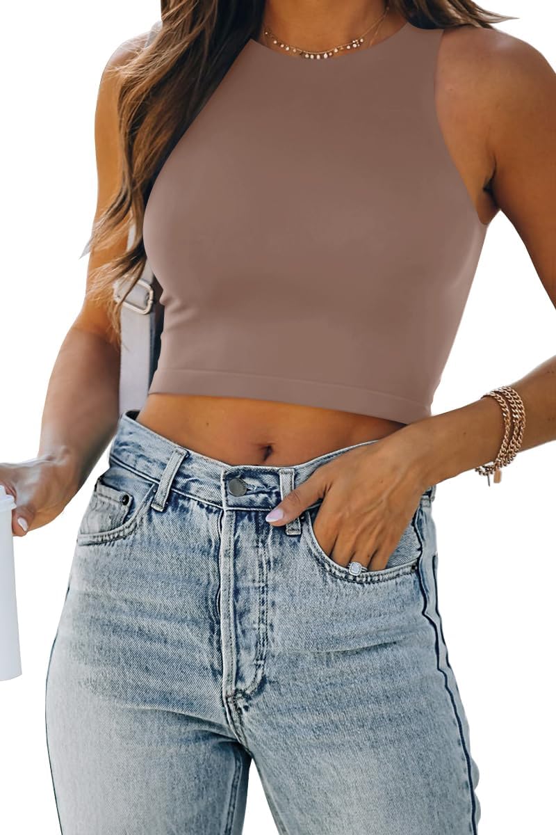 Womens Sleeveless High Neck Crop Tops 