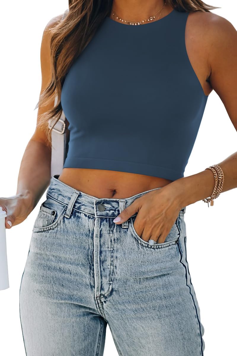 Womens Sleeveless High Neck Crop Tops 