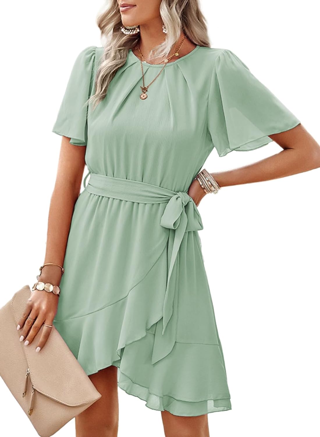 Womens Summer Dresses Crewneck Short Sleeve Waist Tie Ruffle Casual Chiffon A-Line Swing Mini Dress