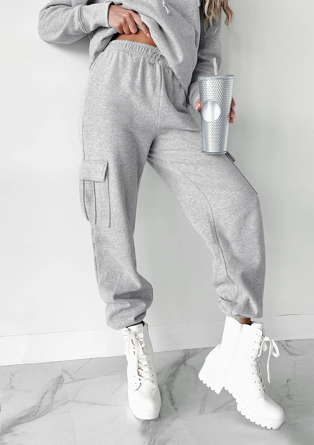 Cargo Pants Women Sweatpants Fleece Lined High Waisted Drawstring Baggy Y2K Joggers Lounge with Pockets