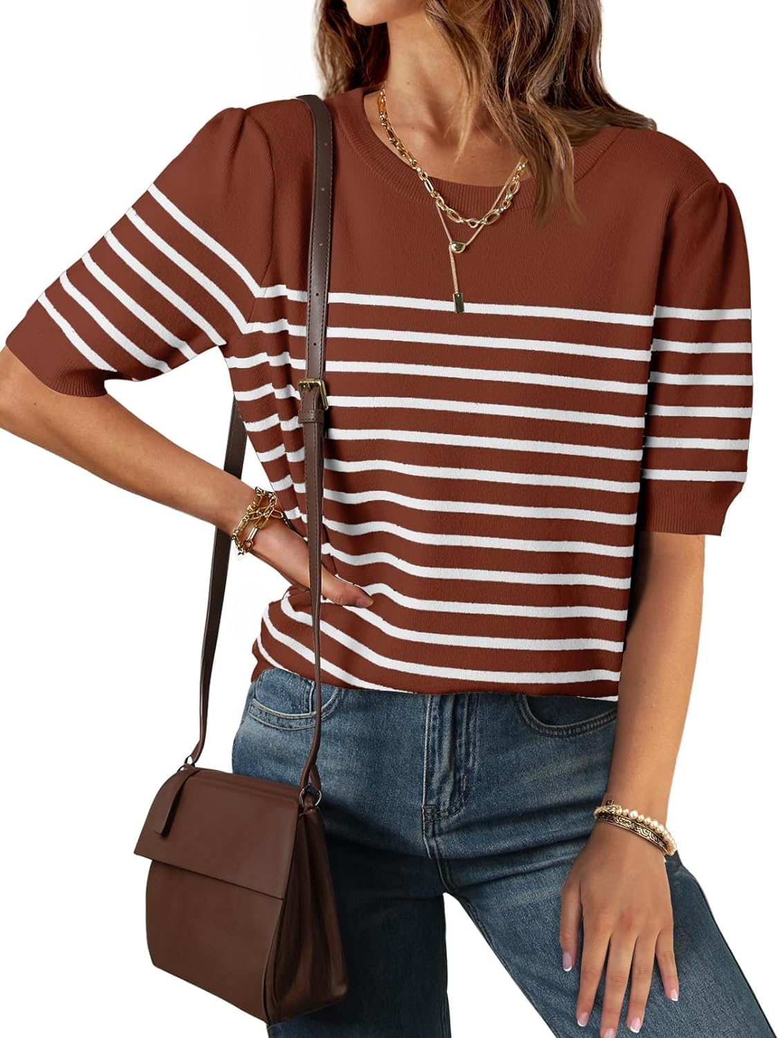 Women's Casual Striped Tops Short Sleeve Crew Neck shirts