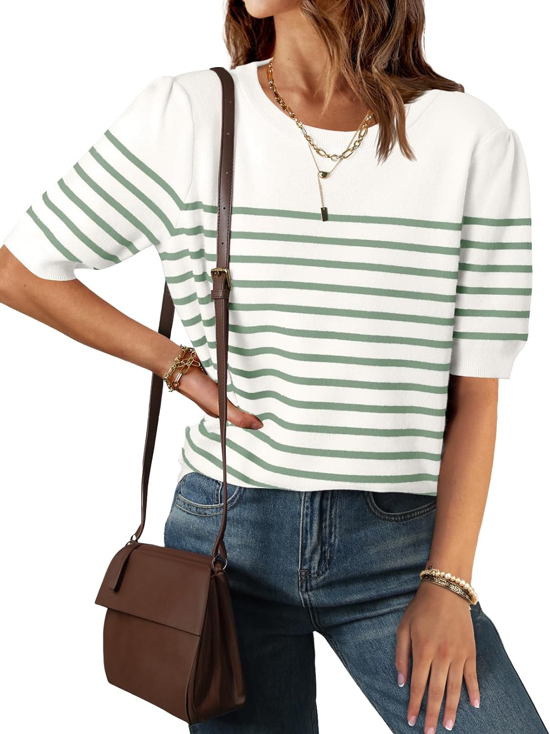 Women's Casual Striped Tops Short Sleeve Crew Neck shirts