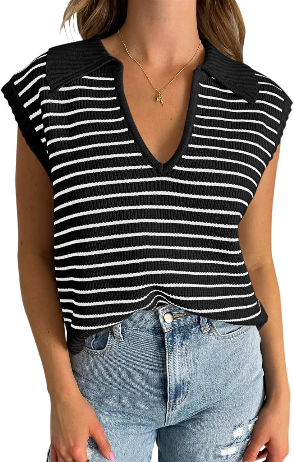 Womens Summer Sweater Vest Cap Sleeve V Neck Top